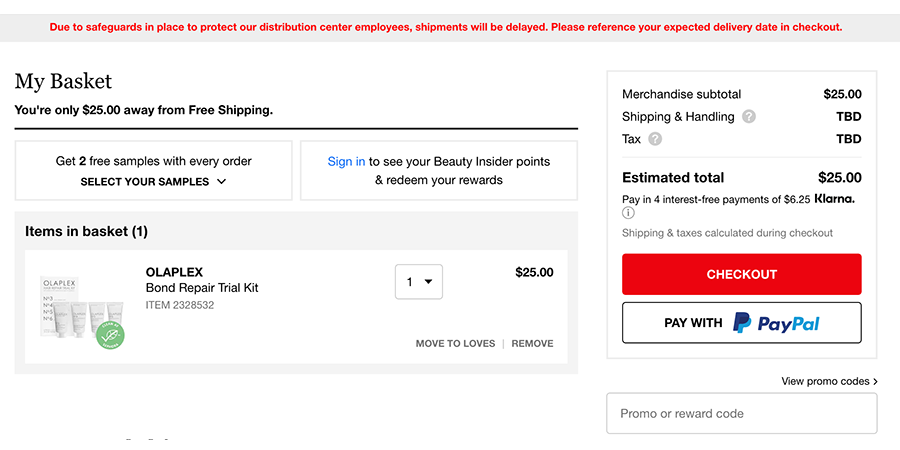 Notify customers in checkout page to consider carefully before placing orders in Sephora